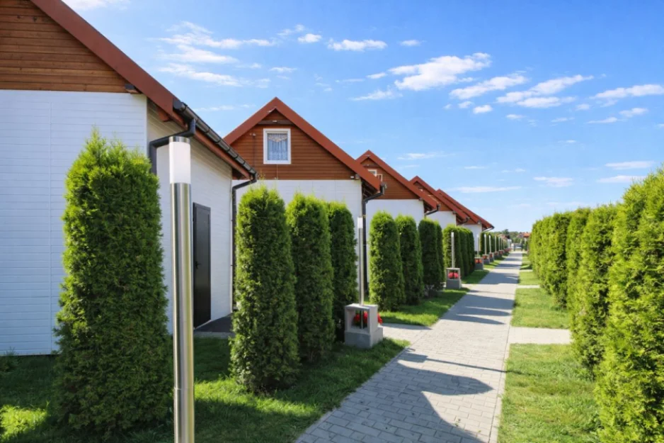 domki dla gości i chodnik pomiędzy nimi