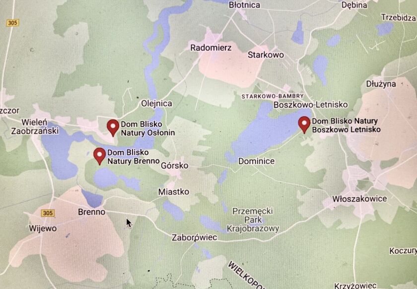 Nasze lokalizacje na terenie Przmęckiego Parku Krajobrazowego: Boszkowo Letnisko, Brenno oraz Osłoni
